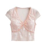 DAIIIBABYYY  -  Spicy Girl Retro Mesh See-through Bow V-neck Flying Sleeves T-shirts Women's Summer Pure Desire Style Butterfly Pullover Tops