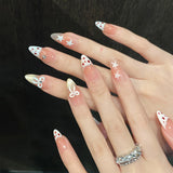 Daiiibabyyy  10pcs INS Simple French Press on Nails Pink Bowknot Star Decor Fake Nails Shiny Cat-Eye Pink Crystal Design False Nail Patches