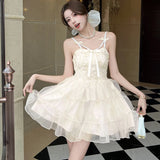 DAIIIBABYYY  -  New Pink Jacquard Patchwork Ruffled Mesh Mini Dress Women Elegant Bow Sling Dresses Summer Korean Bodycon Casual Y2k Dress