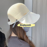 Daiiibabyyy Grass Woven Sunscreen Hat Summer Foldable Bucket Hat UV Protection Fisherman Hat Ponytail Baseball Cap Wide Brim Sun Cap