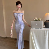 DAIIIBABYYY  -  New Purple Mesh Sequins Print Sling Sexy Dress Women Elegant Casual Ruffled Beach Dress Summer Korean Bodycon Maxi Dresses