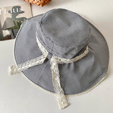 DAIIIBABYYY  -  Japanese Plaid Lace Bow Decorative Bucket Hat Women's Spring Summer Outdoor Shading Big Brim Vacation Foldable Lace-up Sun Cap