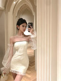 DAIIIBABYYY  -  Strapless Sexy Slim Mesh Lantern Sleeve Pencil Dress Beads Slash Neck Apricot Evening Party Dress Off Shoulder Bodycon Hot Dress
