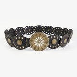 Daiiibabyyy  Metal Western Style Cowboy Belts Round Wide Hollow Out Belts Exaggerated PU Leather Ethnic Style Waistband Waist Accessories