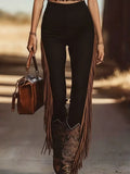 Daiiibabyyy  Women Flare Pants Black High Waist Mid Weight Western Style Fringe Flared Trousers Side Fringe Long Wide Leg Pants