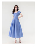 Daiiibabyyy  New Summer French Elegant Sexy Slash Neck Simple Summer Dress Women's Slim Waist Fuff Short Sleeve Solid Long Evening Dress