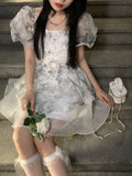 DAIIIBABYYY  -  A-line Organza Dresses Female Square Collar Puff Sleeve Robe Femme Slim Waist Sweet Mini Dress Summer Korean Vestido