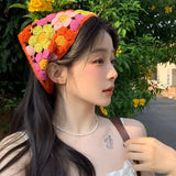 Daiiibabyyy  New Travel Photo Spring New Seaside Atmosphere Hook Flower Triangular Headscarf Women's Pastoral Style Flower Headband