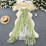 DAIIIBABYYY  -  Elegant V-neck Straps Vintage Sleeveless Chic Asymmetrical Ruffles Backless Slim Dresses French Vacation Women Fashion Clothing