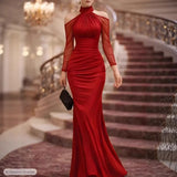 Daiiibabyyy  Elegant Party Wedding Guest Dress Off Shoulder Long Sleeve Mermaid Dresses High Waist Ruched Evening Dress Floor Length Maxi