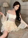 DAIIIBABYYY  -  Y2K Sweet Skirt Sutis Sexy Slash Neck Flare Long Sleeve Lace Short Top + Slim Waist A-Line Mini Skirt Womens Two Pieces Set New