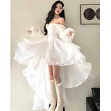 DAIIIBABYYY  -  Fairy White Midi Dress Women Evening Party Prom Slash Neck Irregular Dresses Summer Korean Long Sleeve Bodycon Vestidos