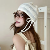 Daiiibabyyy  Ins Cute Bow Strap Knitted Beanies Cap Y2K Spring and Autumn Travel Thin Breathable Versatile Casual Sweet Woman's Hats