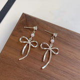 DAIIIBABYYY  -   Korean Fashion Ballet Ribbon Bow-knot Drop Earrings Women INS Silver Plated Pearl Rhinestone Bow Tassel Earring Jewelry
