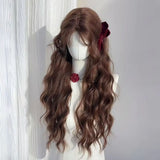 Daiiibabyyy  Chestnut Brown Long Water Wave Synthetic Wig Curtain Bangs Sweet Women Daily Party Lolita Cosplay Dating Costume Hairpiece
