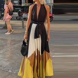 Daiiibabyyy  Summer Casual Pleated Holiday Dresses Printed Patchwork Backless Hollow Out Women's Dress Bohemian High Street Halter Long Dress