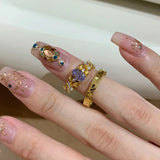 Daiiibabyyy  French Style Retro Geometric Design Gold Color Rings Inlaid Ice Flower Purple Zircon Ring Women's Banquet Party Jewelry