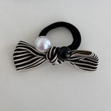 DAIIIBABYYY  -  Celebrity Classic Style Striped Pearl Bow Black and White Color Matching Towel Ring Hair Band Texture Hair Rope Hair Accessories