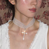 Daiiibabyyy  Korean Kpop Sweet Lace Strap Choker Necklace for Women Girls Cool CZ Cross Pendant Clavicle Chain Gothic Jewelry Party Gift