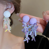Daiiibabyyy Minar  New Arrival Purple AB Color Miyuki Strand Leaves Round Acrylic Long Tassel Drop Earrings for Women Statement Jewelry