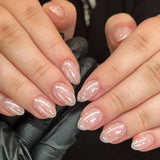 Daiiibabyyy  24Pcs French White Gradient Almond Press on Nails Flower Pattern False Nails with 3D Rhinestone Design Fake Nail Art