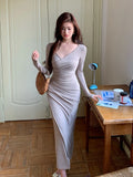 Daiiibabyyy  Autumn Winter French Casual Long Sleeve Women Solid Split Package Hip Dress Elegant chic Slim V-neck Ladies Skinny Bodycon Dress