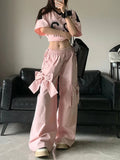 DAIIIBABYYY  -  Fashion Design Gyaru Wide Leg Pants Woman Vintage High Waist Bow Elastic Waist Baggy Trousers Casual Tide Streetwear Chic Capris