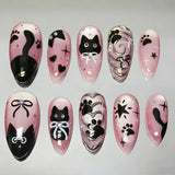 Daiiibabyyy  24Pcs Mid-length Almond Fake Nails Cat's Eye Black Cat Bow Press on False Nails Heart Rhinestone Reusable Full Cover Nails Tips