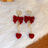 Daiiibabyyy  Red Flocked Bowknot Snowflake Star Heart Long Earrings Christmas Sweet Fashion Jewelry Women New Year Gifts