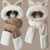 Daiiibabyyy  New Thickened Hat Scarf Gloves Set Keep Warm Fox Ear Ear Protection Cap Plush Windproof Integrated Cap Scarf Cycling