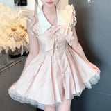 Daiiibabyyy  Striped Print Japanese Sweet Kawaii Pink Women Dress Fashion Cute Bow Y2k Princess Dress Harajuku Chic Lace Korean Clothes