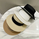 DAIIIBABYYY  -  Summer Elegant Pearl Chain Flat Sun Hats for Women Chapeau Feminino Straw Hat Panama Wide Brim Anti-UV Beach Cap Girl Topee