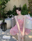 Daiiibabyyy  New Pink Romantic Floral Skirt Summer Slimming Solid Color Fashionable and Fresh Short Skirt Small Slim Strap Dress S6YW