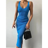 Daiiibabyyy 2024 Summer Elegant Knitted Ribbed Slim Long Dress Women Solid V Neck Sleeveless Split Casual Vacation Commuting Street Robe