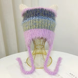 Daiiibabyyy  Cat Ear Contrast Stripe Handmade Crochet Plush Hat Children's cute ear protection warm imitation mink wool cap in winter