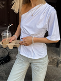 Daiiibabyyy  Women's Solid One Shoulder Asymmetric Blouse Elegant Ruched Bust Minimalist Sleeve Tops Lady Fashion Date Night T-shirt