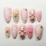 Daiiibabyyy  24Pcs French White Gradient Almond Press on Nails Flower Pattern False Nails with 3D Rhinestone Design Fake Nail Art