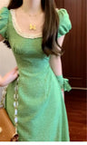 DAIIIBABYYY  -  French Bubble Sleeve Wave Point Green Dress For Women Summer New Seaside Vacation High Waist Temperament Long Style Dresses