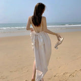 DAIIIBABYYY  -  Super Fairy Sexy Sanya Beach Resort Party Skirt Women Elegant Pearl Backless Bow Dress Summer Holiday Apricot Glossy Midi Dress