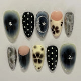 Daiiibabyyy  24Pcs Mid-length French Almond Fake Nails Tips Polka Dot Black Flower Sumdge Press on Nails Silver Moon Star Reusable False Nail