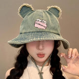 DAIIIBABYYY  -  Korean Bear Ears Denim Bucket Hat Women's Spring and Summer Outdoor Shading Versatile Big Head Windproof Strap Cowboy Hats