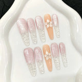 Daiiibabyyy  10pcs Handmade Press On Nails Ice Transparent Glass Sensation Cat Eye False Nails White Flower Flash Powder Long Almond Manicure