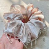 Daiiibabyyy  1PC Elegant Beige Velvet Hair Scrunchie With Crystal Bead Decor, Shiny Satin Hair Tie For Women, Party & Daily Hair Accessory