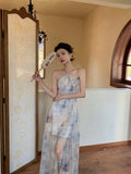 Daiiibabyyy  collar printed suspender dress spring new fashionable cool breeze women's chiffon split open backless dress R34K