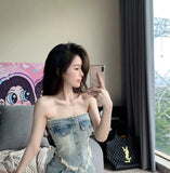 Daiiibabyyy  American Denim Simple Chest-top Small Crowd  Edge Design Sense of Top Korean Fashion Clothing Cute Tops Denim Tank Tops