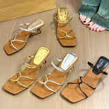 Daiiibabyyy 2024 Summer Gold New Brand Women Slipper Fashion High Weadge Heel Ladies Elegant Sandal Shoes Narrow Band Dress Slides Shoe