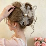 Daiiibabyyy  1PC Mesh Bow Round Bead Hair Clip for Women, High-End Feeling, New Style, Back of Head Hair Clip, Shark Clip Hair Accessory