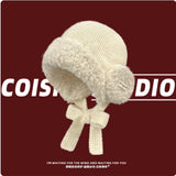 Daiiibabyyy  Korean Niche Lambs Wool Knitted Pullover Hat Thickened Warm Ear Protection Lace-up Winter Outdoor Riding Bomber Hats for Women's