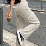 Daiiibabyyy  Women's High Waist Beige Pants Loose Fit Trousers Contrast Panel Cargo Pants Chain Strap Bag Straight Leg Full Length Women's