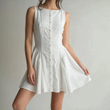 Daiiibabyyy  Summer Woman Dress Sleeveless Backless Dresses Women's Ruched Waist White Mini Dress Tie Back Pleated Skirt A Line Dress